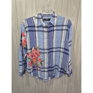 Lauren Ralph Lauren Women's Size PS 100% Linen Blue Plaid Tunic Top Floral